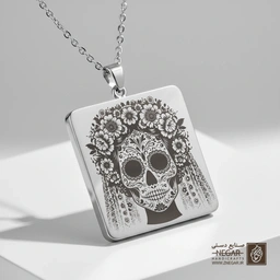 گردنبند طرح اسکلت مکزیکی مدرن (حکاکی لیزری فایبر، مدل قاب مربع) کد 500880