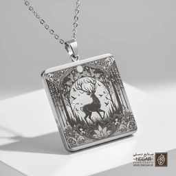 گردنبند طرح گوزن در ماه (حکاکی لیزری فایبر، مدل قاب مربع) کد 500904