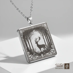گردنبند طرح گوزن و کاج (حکاکی لیزری فایبر، مدل قاب مربع) کد 500906