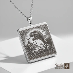 گردنبند طرح دایناسور و کوه آتشفشان (حکاکی لیزری فایبر، مدل قاب مربع) کد 500955