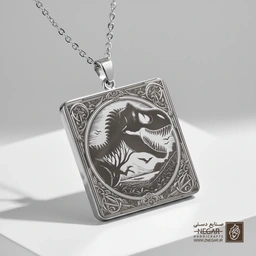 گردنبند طرح چهره دایناسور خشمگین (حکاکی لیزری فایبر، مدل قاب مربع) کد 500958