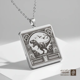 گردنبند طرح دایناسور بر فراز صخره (حکاکی لیزری فایبر، مدل قاب مربع) کد 500961