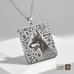 گردنبند طرح دوبرمان و استخوان (حکاکی لیزری فایبر، مدل قاب مربع) کد 500982