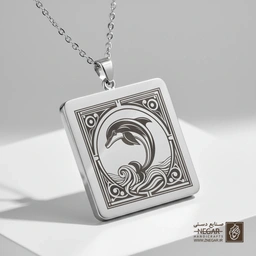 گردنبند طرح دلفین و کادر اسلیمی (حکاکی لیزری فایبر، مدل قاب مربع) کد 500991
