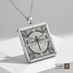 گردنبند طرح سنجاقک و نقوش انتزاعی (حکاکی لیزری فایبر، مدل قاب مربع) کد 501048
