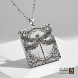 گردنبند طرح سنجاقک بال‌گشوده (حکاکی لیزری فایبر، مدل قاب مربع) کد 501049