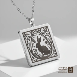 گردنبند طرح خرگوش و نقوش هنری (حکاکی لیزری فایبر، مدل قاب مربع) کد 501063