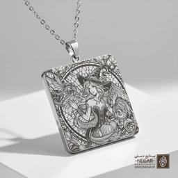 گردنبند طرح پری و نقوش هندسی ماندالا (حکاکی لیزری فایبر، مدل قاب مربع) کد 501124