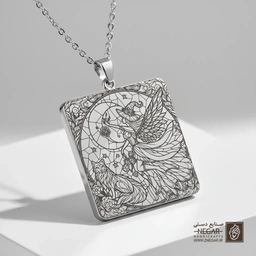 گردنبند طرح پری و گربه روی ماه (حکاکی لیزری فایبر، مدل قاب مربع) کد 501125