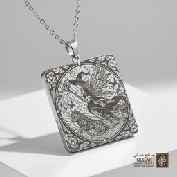 گردنبند طرح پرواز ساحره در شب (حکاکی لیزری فایبر، مدل قاب مربع) کد 501133