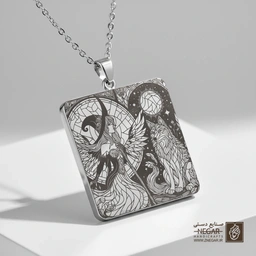 گردنبند طرح پری و گرگ در حال زوزه (حکاکی لیزری فایبر، مدل قاب مربع) کد 501144