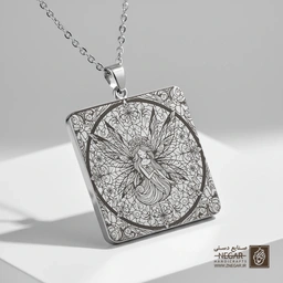 گردنبند طرح پری و دایره اسلیمی (حکاکی لیزری فایبر، مدل قاب مربع) کد 501166
