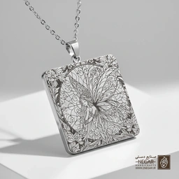 گردنبند طرح پری و نقوش انتزاعی (حکاکی لیزری فایبر، مدل قاب مربع) کد 501179