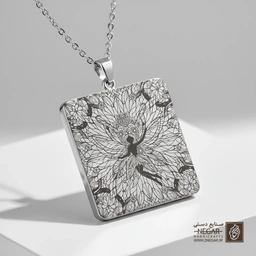گردنبند طرح سیلوئت پری و ماه (حکاکی لیزری فایبر، مدل قاب مربع) کد 501181