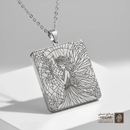 گردنبند طرح پری جنگل و نقوش گل (حکاکی لیزری فایبر، مدل قاب مربع) کد 501192