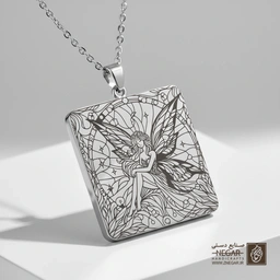 گردنبند طرح پری در کادر شمسه و ستاره (حکاکی لیزری فایبر، مدل قاب مربع) کد 501193
