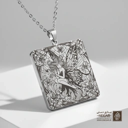گردنبند طرح پری و نقش‌نگار اسلیمی (حکاکی لیزری فایبر، مدل قاب مربع) کد 501208