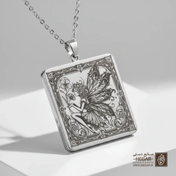 گردنبند طرح پری و سبد گل (حکاکی لیزری فایبر، مدل قاب مربع) کد 501210