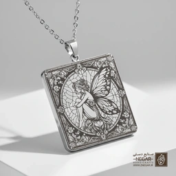 گردنبند طرح پری نشسته در دایره گل (حکاکی لیزری فایبر، مدل قاب مربع) کد 501212