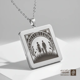گردنبند طرح سیلوئت خانواده زیر طاق (حکاکی لیزری فایبر، مدل قاب مربع) کد 501231