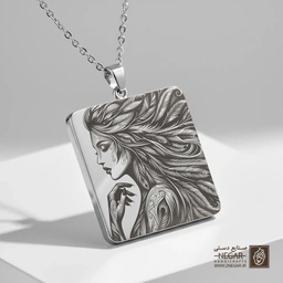 گردنبند طرح چهره زن و پر (Feather Hair Woman) (حکاکی لیزری فایبر، مدل قاب مربع) کد 501247