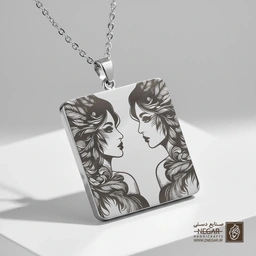 گردنبند طرح تقارن چهره زن (Feather Hair Women ) (حکاکی لیزری فایبر، مدل قاب مربع) کد 501248