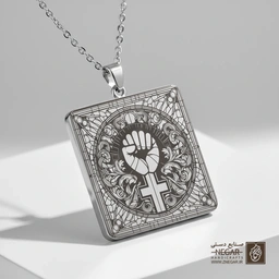 گردنبند طرح نماد مشت در کادر خورشیدی (حکاکی لیزری فایبر، مدل قاب مربع) کد 501255