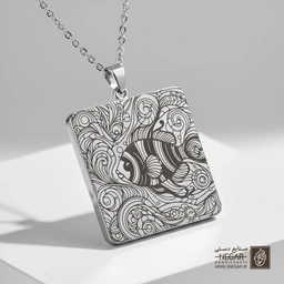 گردنبند طرح ماهی مینیاتوری اسلیمی (حکاکی لیزری فایبر، مدل قاب مربع) کد 501256