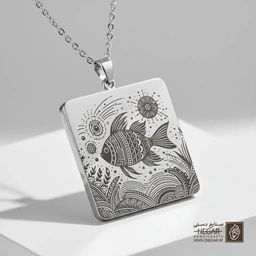 گردنبند طرح آکواریوم و ماهی (حکاکی لیزری فایبر، مدل قاب مربع) کد 501260