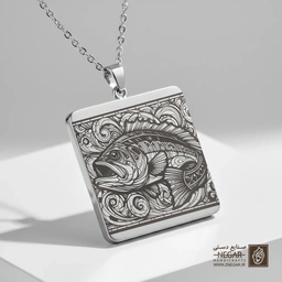 گردنبند طرح ماهی با دهان باز (Bass) (حکاکی لیزری فایبر، مدل قاب مربع) کد 501268