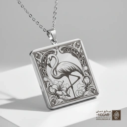گردنبند طرح فلامینگو و گل رز (حکاکی لیزری فایبر، مدل قاب مربع) کد 501271
