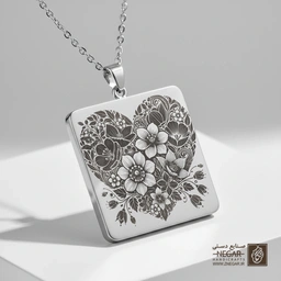 گردنبند طرح قلب گل‌دار (Flower Heart) (حکاکی لیزری فایبر، مدل قاب مربع) کد 501278