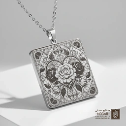 گردنبند طرح قلب اسلیمی و گل (حکاکی لیزری فایبر، مدل قاب مربع) کد 501281