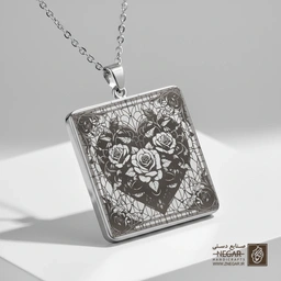 گردنبند طرح قلب و گل (کنتراست بالا) (حکاکی لیزری فایبر، مدل قاب مربع) کد 501284
