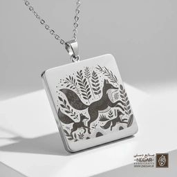گردنبند طرح روباه و نقوش گیاهی (حکاکی لیزری فایبر، مدل قاب مربع) کد 501296