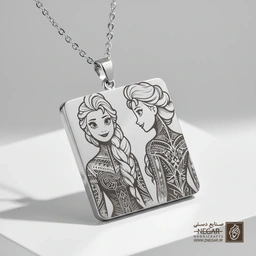گردنبند طرح السا و آنا (خواهران فروزن) (حکاکی لیزری فایبر، مدل قاب مربع) کد 501335