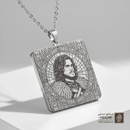گردنبند طرح پرتره رئال جان اسنو (حکاکی لیزری فایبر، مدل قاب مربع) کد 501389