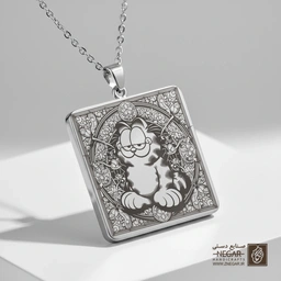 گردنبند طرح گارفیلد (Garfield) نشسته (حکاکی لیزری فایبر، مدل قاب مربع) کد 501404