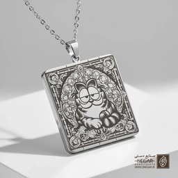 گردنبند طرح گارفیلد در میان گل‌ها (حکاکی لیزری فایبر، مدل قاب مربع) کد 501411
