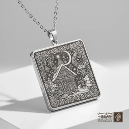 گردنبند طرح خانه زنجبیلی در شب (حکاکی لیزری فایبر، مدل قاب مربع) کد 501440