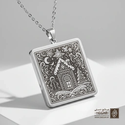 گردنبند طرح کلبه کریسمسی مینیاتوری (حکاکی لیزری فایبر، مدل قاب مربع) کد 501441