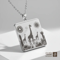 گردنبند طرح زرافه زیر خورشید افریقا (حکاکی لیزری فایبر، مدل قاب مربع) کد 501452