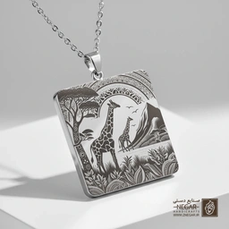 گردنبند طرح زرافه در قاب طبیعت (حکاکی لیزری فایبر، مدل قاب مربع) کد 501453