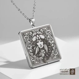 گردنبند طرح چهره زن با کلاه خرس (حکاکی لیزری فایبر، مدل قاب مربع) کد 501459