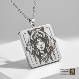 گردنبند طرح زن با کلاه یوزپلنگ (حکاکی لیزری فایبر، مدل قاب مربع) کد 501462