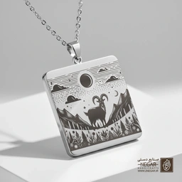 گردنبند طرح بز در کوهستان و شب (حکاکی لیزری فایبر، مدل قاب مربع) کد 501471