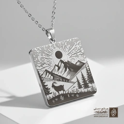 گردنبند طرح بز و منظره خورشید (حکاکی لیزری فایبر، مدل قاب مربع) کد 501475
