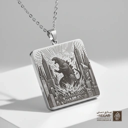 گردنبند طرح گودزیلا (Godzilla) در شهر (حکاکی لیزری فایبر، مدل قاب مربع) کد 501477