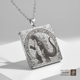 گردنبند طرح گودزیلا در قاب خورشیدی (حکاکی لیزری فایبر، مدل قاب مربع) کد 501479