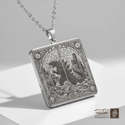 گردنبند طرح گودزیلا در نمای عمودی (حکاکی لیزری فایبر، مدل قاب مربع) کد 501481